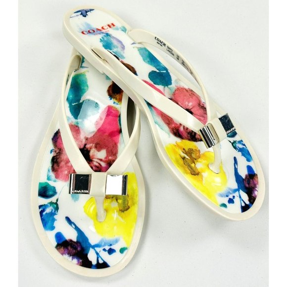 Coach NY White Pearl & Floral Jelly Flip Flop Sandals with Silver Bows Size 5 - Picture 1 of 8